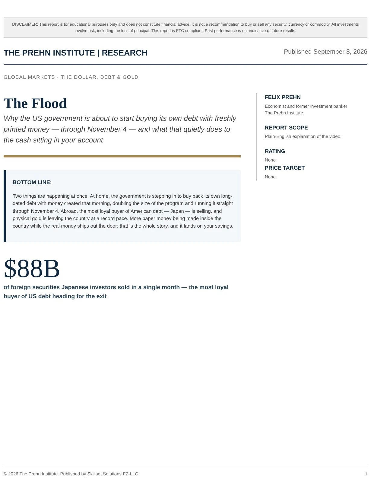 Cover of The Flood, a Prehn Institute briefing on U.S. Treasury buybacks, Japanese bond selling and gold market flows