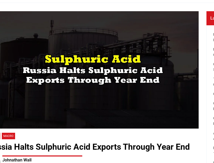 Headline coverage reporting that Russia is halting sulfuric acid exports through year end