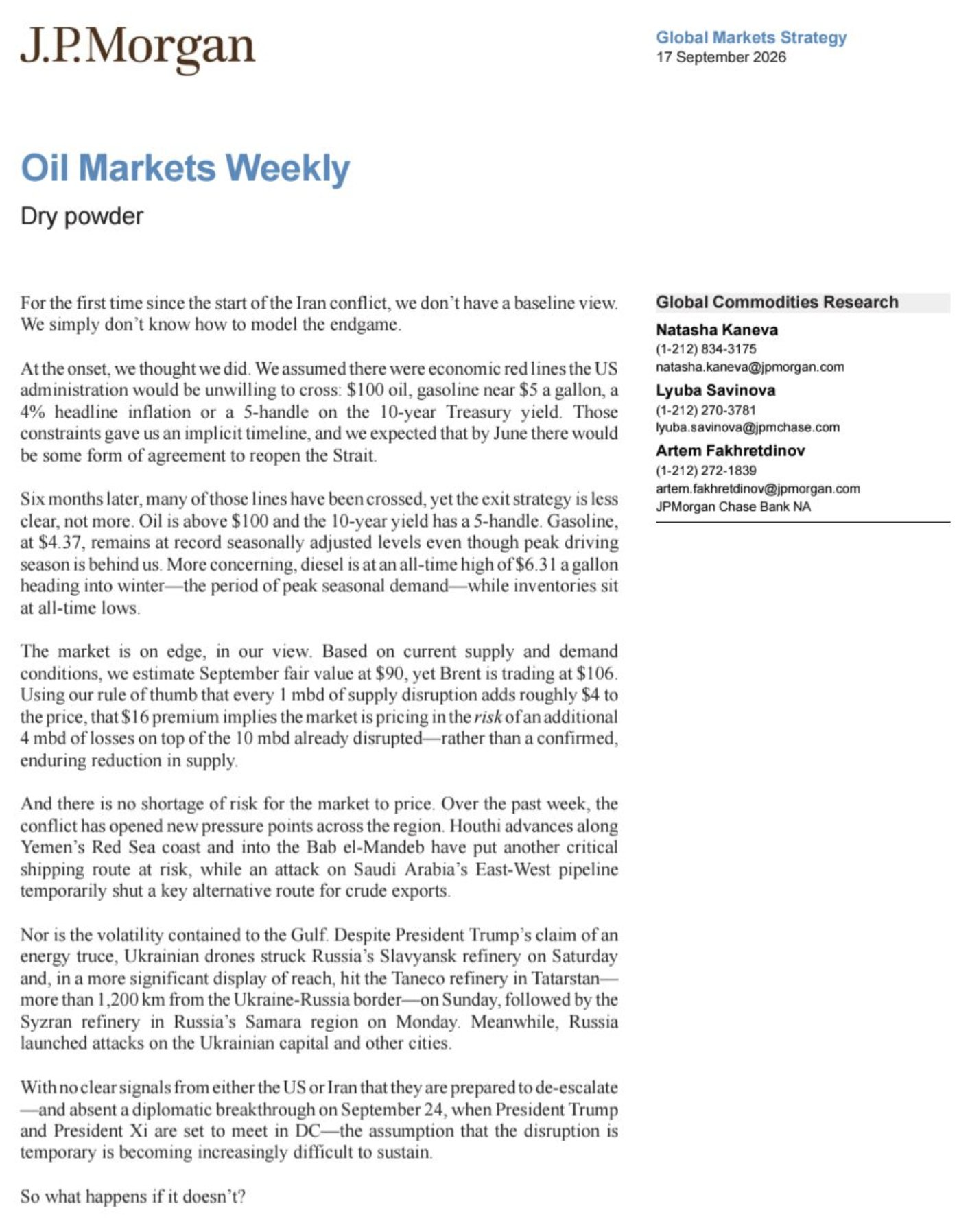 JPMorgan oil market report referenced for the oil backdrop