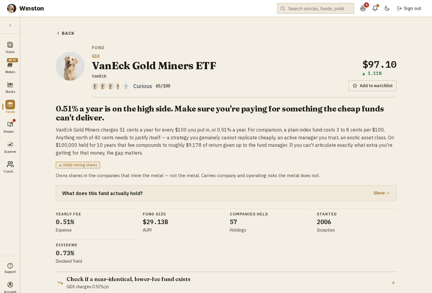 Winston app showing the VanEck Gold Miners ETF, GDX