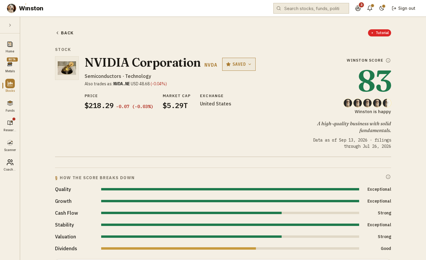 Winston app showing NVIDIA valuation metrics